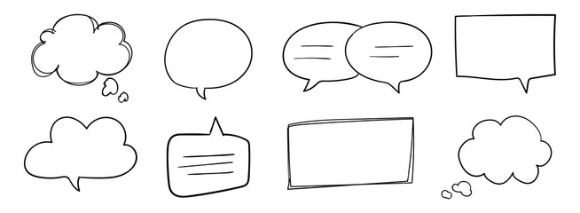 Fototapeta premium Hand-drawn speech bubbles in various shapes. Speech bubbles for comics, notes, and doodles. Black and white speech bubbles for creative designs. Hand drawn message element set. Vectors.