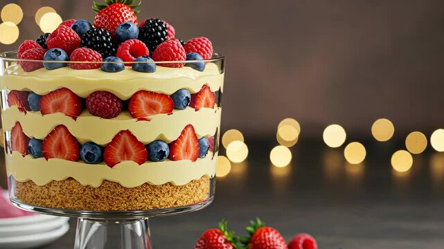 An elegant dessert trifle layered with fresh berries and cream