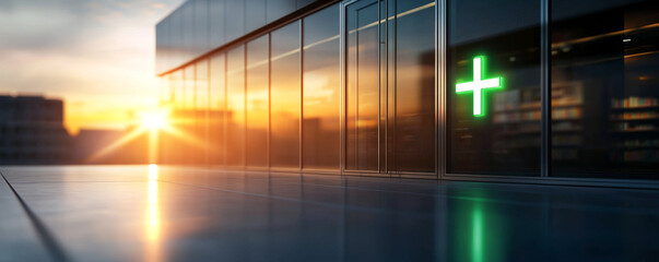Modern pharmacy building with a glowing green sign illuminated by sunset.