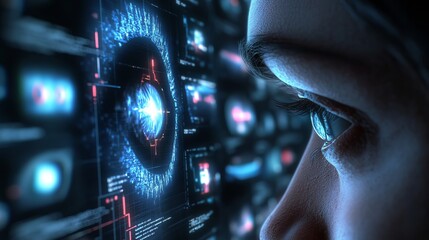 Futuristic Digital Eye Scan Interface Technology Abstract Blue Glowing Screen Modern Data Network Graphic Design Digital Art High Tech Innovation     