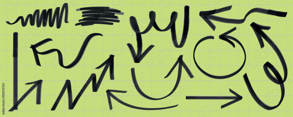 Poster various black arrows and lines on a green grid background. arrows and lines in different styles and 