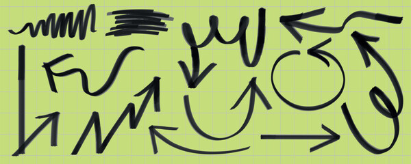 Various black arrows and lines on a green grid background. Arrows and lines in different styles and directions. Black arrows and lines on green. Hand drawn doodles element set. Vectors.
