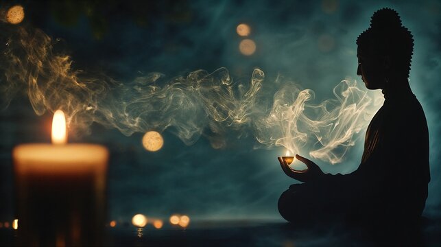 A cinematic composition of a candle flickering in the dark, with Buddha’s silhouette subtly forming in the smoke trails.