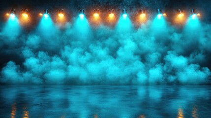 Stage Lights Illuminate Teal Smoke, Creating a Dramatic Atmosphere