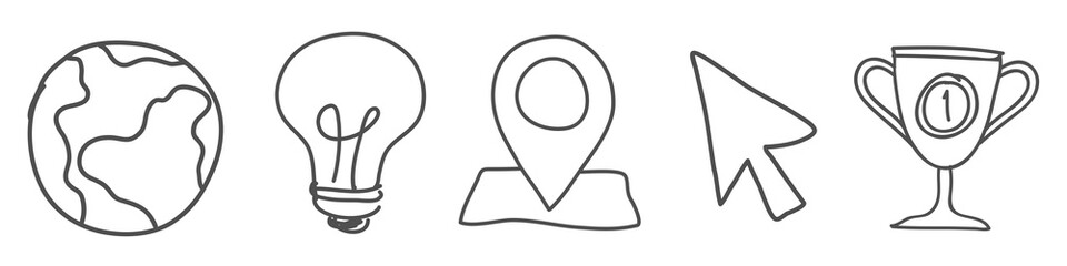 Line art icons: globe, lightbulb, map pin, cursor, trophy. Simple, minimalist design. Black and white icons for various concepts. Creative, abstract symbols. Hand drawn business elements, vector set.