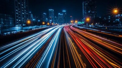 Fototapeta premium Busy highway at night with long exposure light trails from vehicles, capturing the dynamic energy of urban transportation and movement