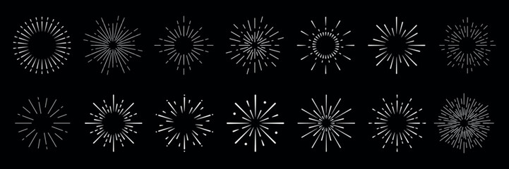 Fototapeta premium Set of 15 black and white starburst designs on a black background. Starburst patterns vary in shape and size. Starburst elements create a dynamic visual effect. Festive elements, vector set.