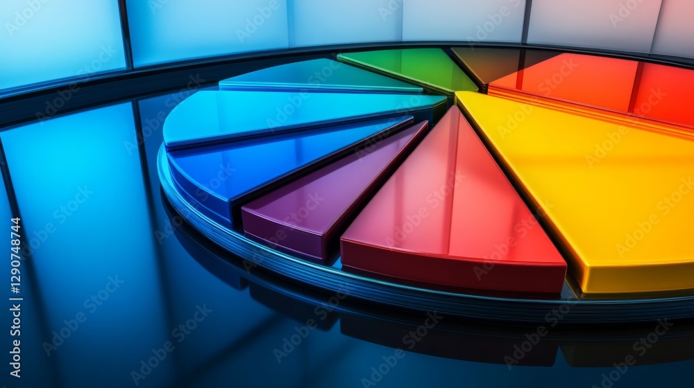 Fototapete close-up of a glossy d pie chart with bold colors, each segment separated to show depth, set against