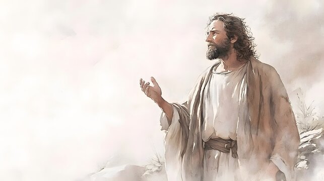 Watercolor painting depicting the stern accusation and demand for repentance from Zophar to Job as described in the biblical text  Soft earth tones and gentle brushstrokes create a thoughtful