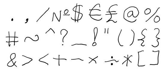 Uneven black special mathematical and other symbols and signs font. Vector illustration in hand drawn style isolated on white background. For learning, card, logo, sales, decorating, typography.