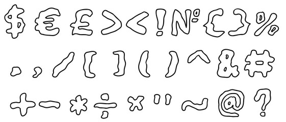 Cloud black special mathematical and other symbols and signs font. Vector illustration in hand drawn style isolated on white background. For learning, card, logo, sales, decorating, typography.