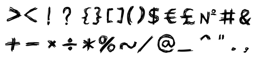 Chalk like black special mathematical and other symbols and signs font. Vector illustration in hand drawn style isolated on white background. For learning, card, logo, sales, decorating, typography.