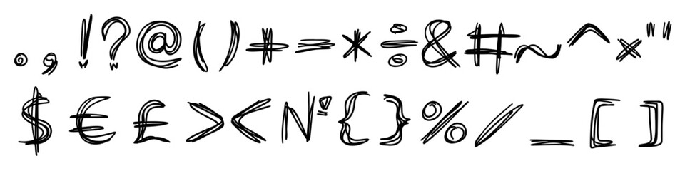 Handwritten special mathematical and other symbols and signs font. Vector illustration in hand drawn style isolated on white background. For learning, card, logo, sales, decorating, typography.