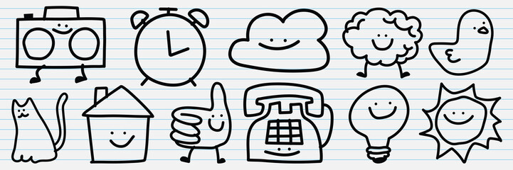 Playful doodles of objects like a radio, clock, cloud, sheep, duck, cat, house, thumbs up, phone, light bulb, and sun, all with smiling faces. Cute doodle icons vector set.