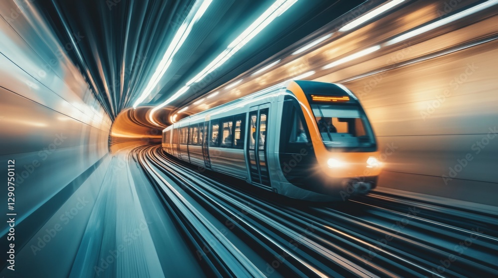 Aufkleber Electric train exiting a tunnel, sunlight reflecting on its sleek metallic surface as it speeds into the open, symbolizing modern transit technology