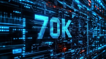 Fototapeta premium Glowing 3D Number 70K Digital Circuit Board Background, Celebrating Seventy Thousand Milestone
