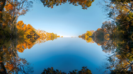 Tranquil Autumn Reflection: Nature's Mirror Image of Golden Foliage and Blue Skies on a Serene Lake