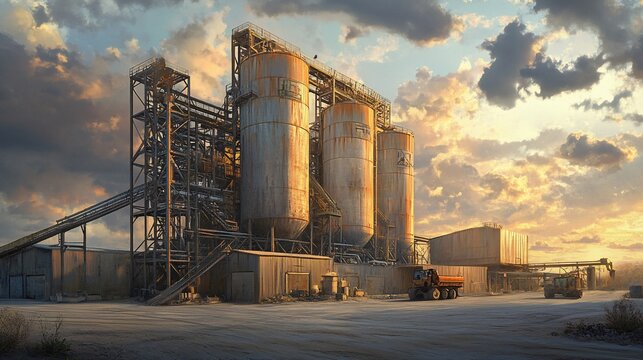 Rusted industrial silos at sunset.