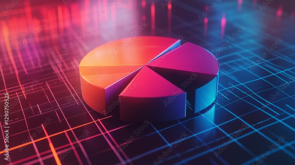 Poster floating d pie chart with transparent and solid segments, positioned over a grid pattern, highlighti