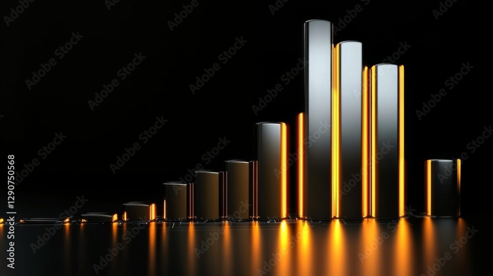 Poster futuristic d bar graph with metallic bars and neon accents, glowing softly against a black backgroun