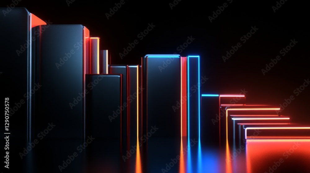 Poster futuristic d bar graph with metallic bars and neon accents, glowing softly against a black backgroun