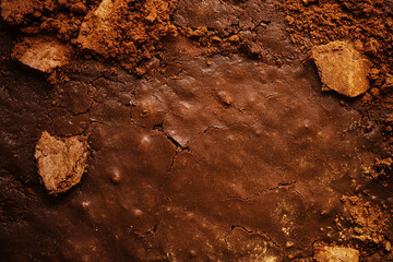 Close-up of textured brown soil with cracks and small stones, showcasing earthy tones and natural patterns.