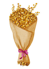 Spring flower bouquet with flowers and leaves for invitation, greeting card, poster, frame, wedding, decoration and more. Tulip, iris, daffodil, mimosa. Botanical decor elements