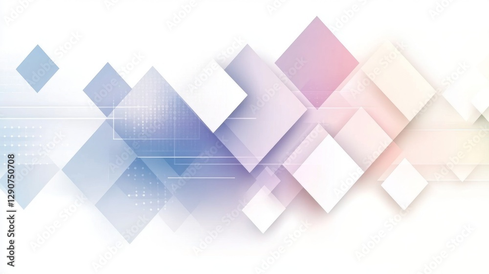 Poster Geometric abstract background with overlapping triangles and squares in pastel shades on a white canvas, creating a calm, balanced layout