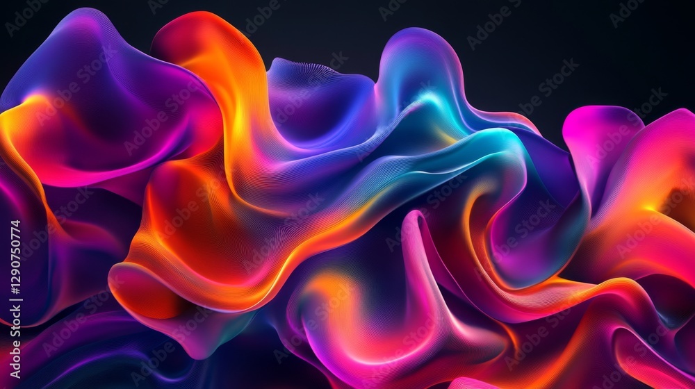 Fototapete Gradient mesh design with smooth, flowing shapes in neon tones on a black background, creating a bold, eye-catching abstract graphic