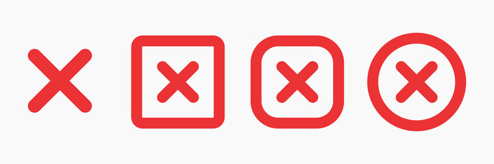 Obraz premium Four red cross icons in different shapes: square, rounded square, and circle. Red cross design repeated in various forms. Simple red cross symbols. Vector element set.