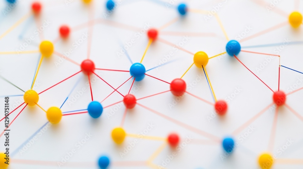 Poster interactive data flow graph with colorful nodes and connecting lines on a white background, giving a