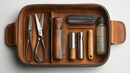  A curated collection of hairstyling tools from different eras, including ornate Renaissance and Victorian barber kits, rustic wooden combs, and sleek modern grooming sets. The images showcase exquisi