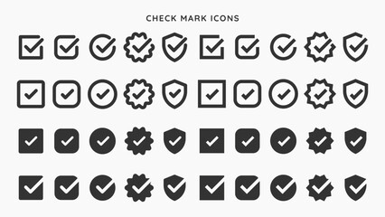 Collection of check mark icons in various styles. Check marks in boxes, circles, and shields. Black check marks, check icons, check symbols for design use. Vector element set.