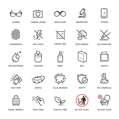 Set icons for lens cleaning products. Suitable for eyeglasses, camera lens, and other optical devices. The outline icons are well scalable and editable. EPS10.	
