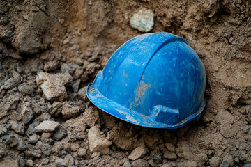 A blue hard hat resting on a pile of dirt and gravel, indicating a construction site or excavation area. for United Nations Mine Awareness Day