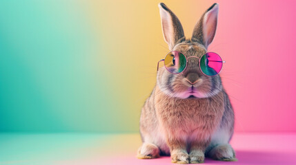 A cool rabbit wearing sunglasses in front of a colorful background