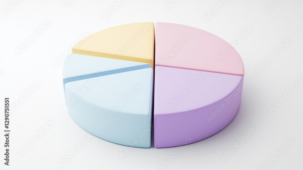 Poster minimalist d pie chart with muted colors and soft shadows, each segment slightly offset to reveal de