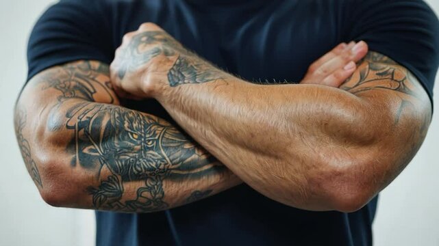 Man's tattooed arms crossed, indoor studio shot