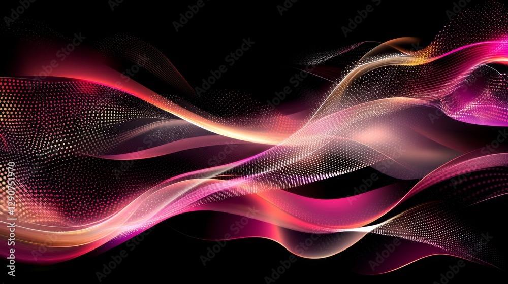 Poster neon-colored vector graphics with abstract shapes and lines on a black background, creating a modern