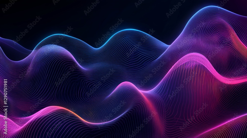Poster neon-colored vector graphics with abstract shapes and lines on a black background, creating a modern