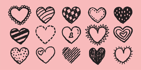 A set of 15 hand-drawn heart designs on a pink background. Each heart features unique patterns like stripes, dots, and checkers. Artistic heart illustrations. Cute Valentine's Day elements, vector.