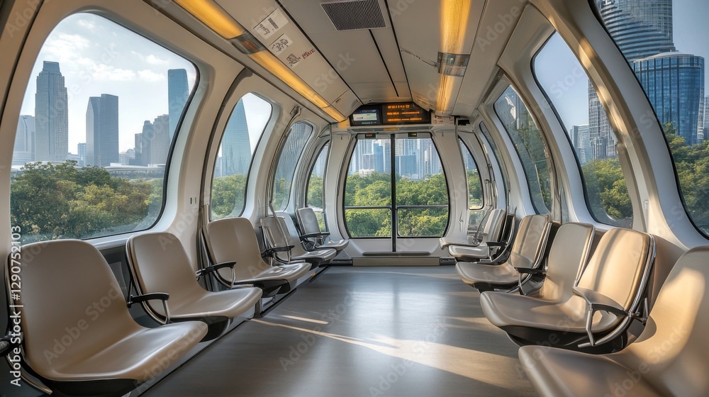 Poster Row of empty seats inside a modern electric train, with large windows offering a panoramic view of the city passing by