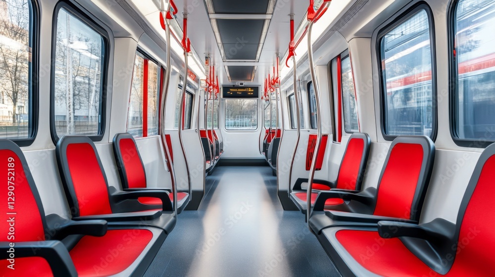 Poster Row of empty seats inside a modern electric train, with large windows offering a panoramic view of the city passing by