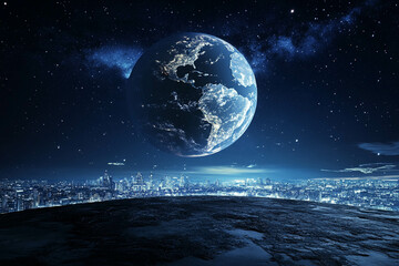 A stunning view of Earth from space, showcasing the planet illuminated against a dark starry sky. The foreground features a rocky surface, while a vibrant city skyline is visible below. for Earth Hour