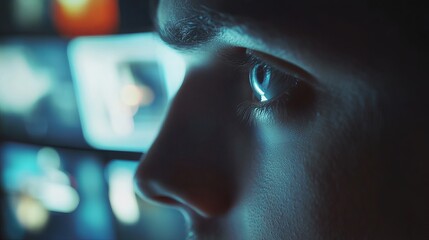 Closeup Profile Young Man Intense Gaze Digital Art Blue Light Screen Background Mysterious Portrait Man Face Detail Intriguing Moody Image Modern     
