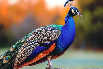 A vibrant peacock displays its colorful plumage, showcasing striking blues, greens, and intricate patterns against a blurred natural background. © kornc