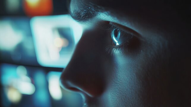 Closeup Profile Young Man Intense Gaze Digital Art Blue Light Screen Background Mysterious Portrait Man Face Detail Intriguing Moody Image Modern