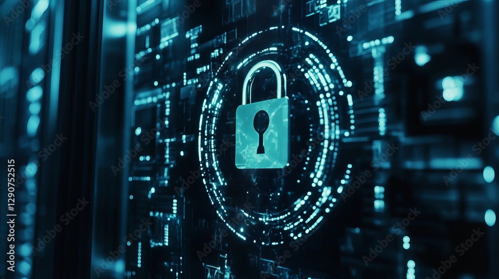 Poster digital security system network padlock cyber protection data privacy blue technology abstract backg