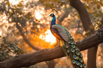 Naklejka premium A vibrant peacock perched on a branch, showcasing its stunning plumage against a warm, glowing sunset backdrop.