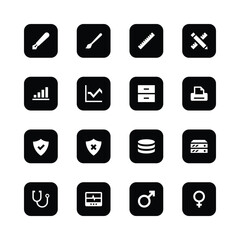 Black and white icons, minimalist design, user
interface elements, rounded square shapes, flat
graphics, software symbols, tool icons, graph
icons, security icons, database symbols,
medical icons,
